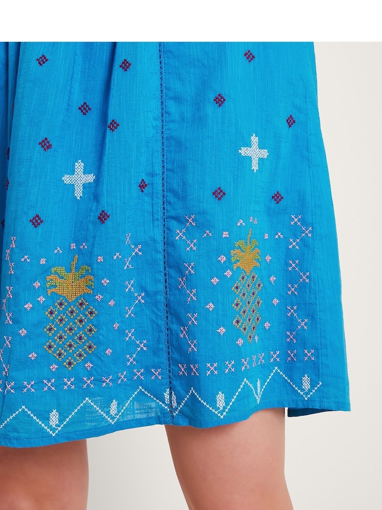 Monsoon Blue Prue Pineapple 100% Cotton Embroidered Dress - Image 3 of 5