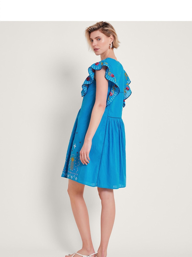 Monsoon Blue Prue Pineapple 100% Cotton Embroidered Dress - Image 4 of 5