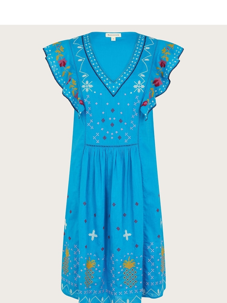 Monsoon Blue Prue Pineapple 100% Cotton Embroidered Dress - Image 5 of 5