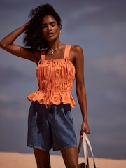 Mint Velvet Orange 100% Cotton Ruched Cami Top - Image 1 of 4