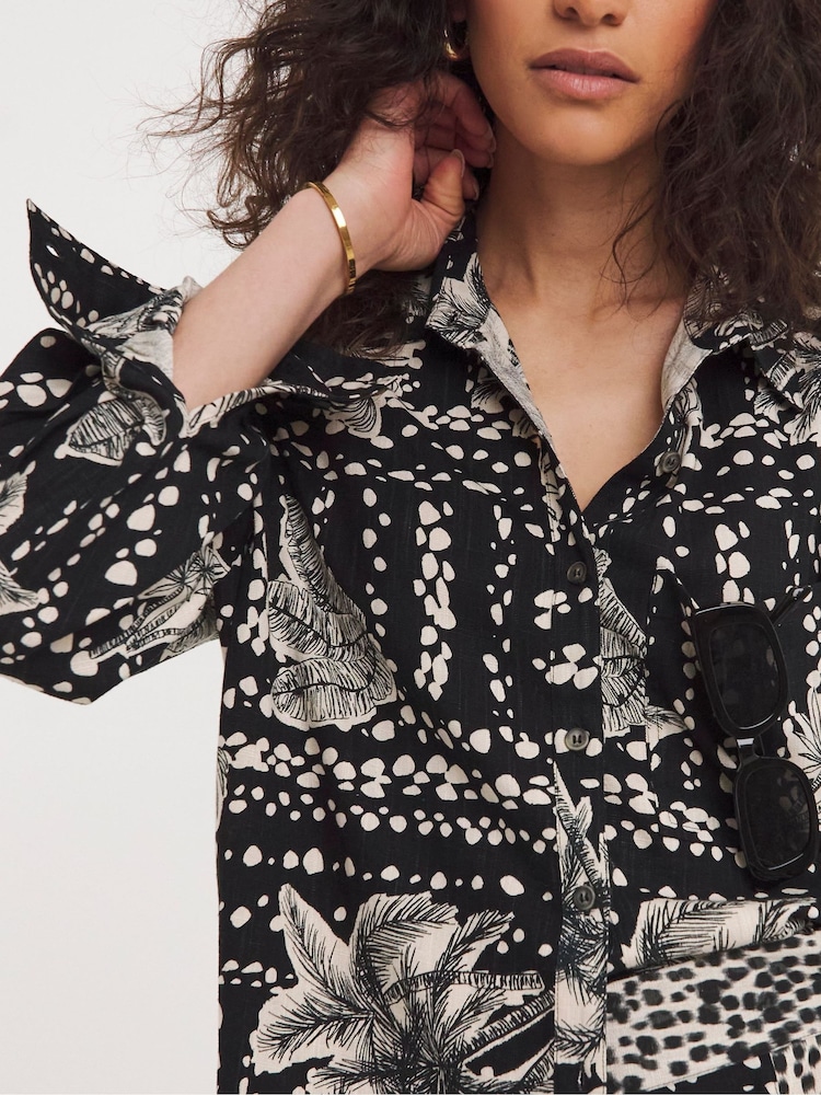 JD Williams Black Printed Linen Mix Long Sleeve Shirt - Image 4 of 4