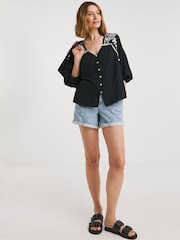 JD Williams Black Contrast Embroidery Button Through 100% Cotton Top - Image 1 of 4