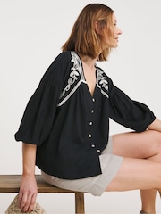 JD Williams Black Contrast Embroidery Button Through 100% Cotton Top - Image 2 of 4