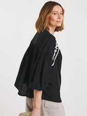 JD Williams Black Contrast Embroidery Button Through 100% Cotton Top - Image 3 of 4