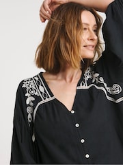 JD Williams Black Contrast Embroidery Button Through 100% Cotton Top - Image 4 of 4