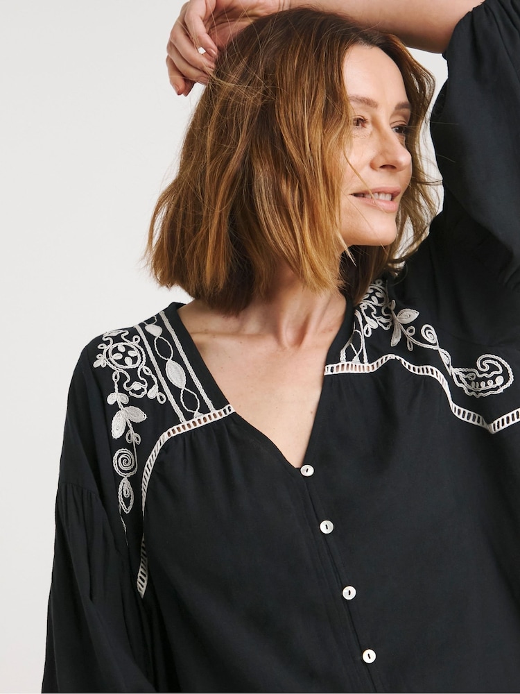 JD Williams Black Contrast Embroidery Button Through 100% Cotton Top - Image 4 of 4