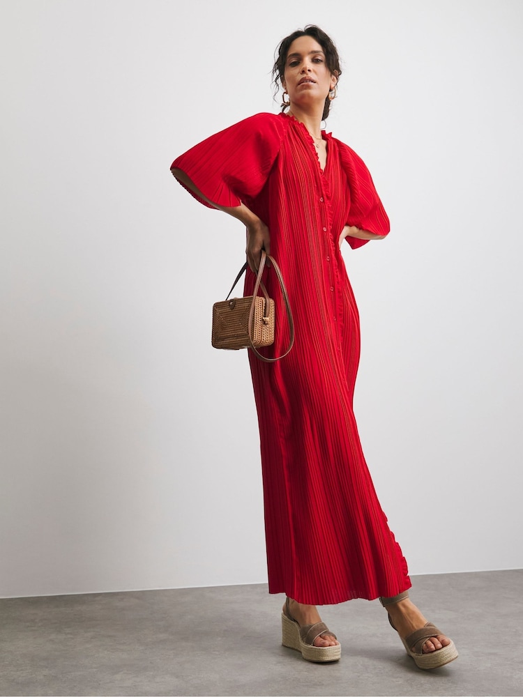 JD Williams Red Pleated Occasion Button Through Dress - Image 1 of 4
