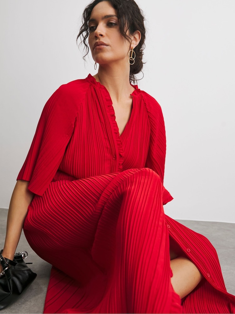 JD Williams Red Pleated Occasion Button Through Dress - Image 4 of 4