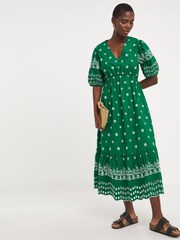 JD Williams Green Contrast Broderie Tea Dress With Linen - Image 1 of 4