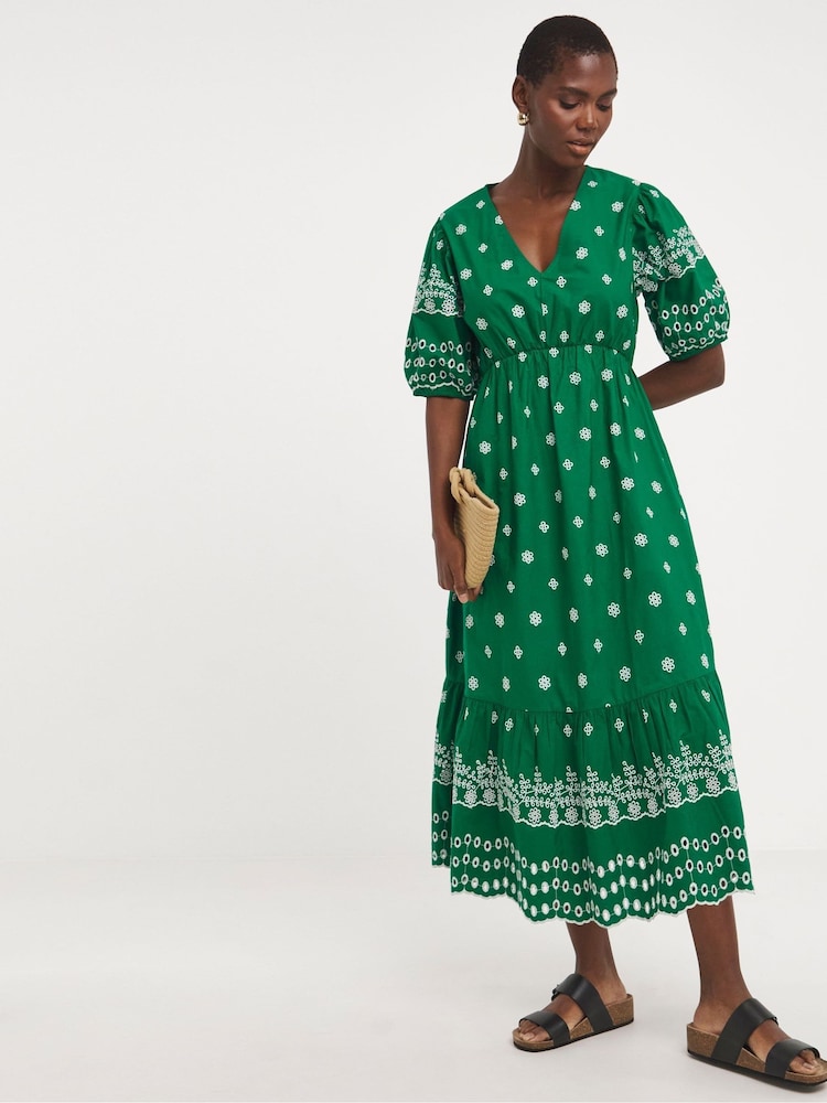 JD Williams Green Contrast Broderie Tea Dress With Linen - Image 1 of 4