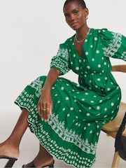 JD Williams Green Contrast Broderie Tea Dress With Linen - Image 2 of 4