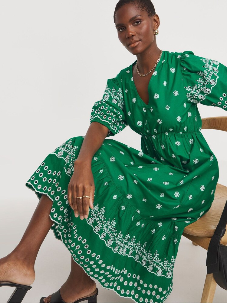 JD Williams Green Contrast Broderie Tea Dress With Linen - Image 2 of 4