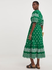 JD Williams Green Contrast Broderie Tea Dress With Linen - Image 3 of 4