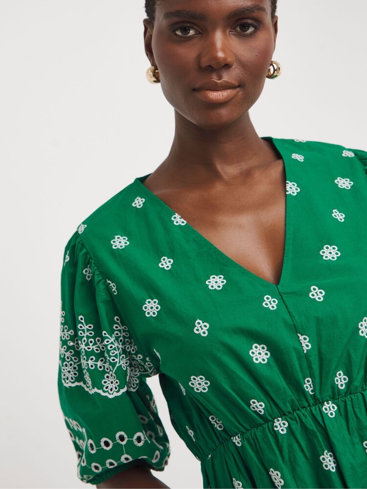 JD Williams Green Contrast Broderie Tea Dress With Linen - Image 4 of 4