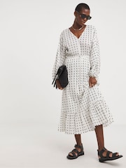 JD Williams White Contrast Dobby Balloon Sleeve 100% Cotton Maxi Dress - Image 1 of 4