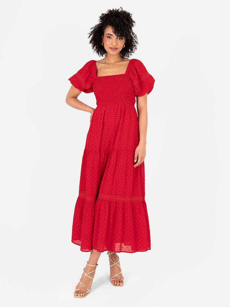 Lovedrobe Red Shirring Front Tiered Midaxi Dress With Trim Detail - Image 1 of 5 Lovedrobe Red Shirring Front Tiered Midaxi Dress With Trim Detail - Image 1 of 5