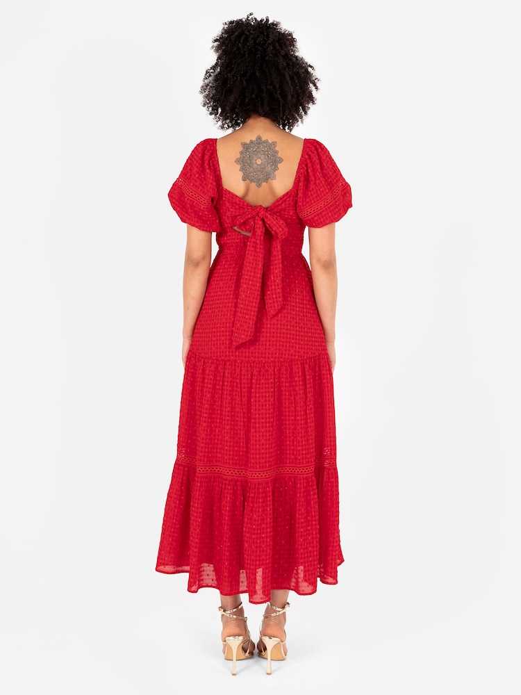 Lovedrobe Red Shirring Front Tiered Midaxi Dress With Trim Detail - Image 2 of 5 Lovedrobe Red Shirring Front Tiered Midaxi Dress With Trim Detail - Image 2 of 5