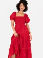 Lovedrobe Red Shirring Front Tiered Midaxi Dress With Trim Detail - Image 3 of 5