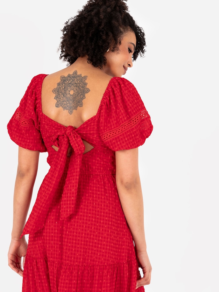 Lovedrobe Red Shirring Front Tiered Midaxi Dress With Trim Detail - Image 5 of 5 Lovedrobe Red Shirring Front Tiered Midaxi Dress With Trim Detail - Image 5 of 5