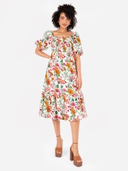 Lovedrobe Midikleid mit gesmoktem Oberteil, eckigem Ausschnitt und Puffärmeln, Cream - Bild 1 von 4