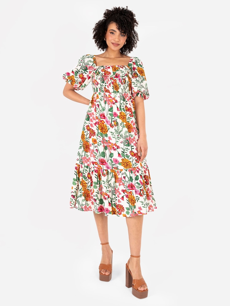 Lovedrobe Midikleid mit gesmoktem Oberteil, eckigem Ausschnitt und Puffärmeln, Cream - Bild 1 von 4