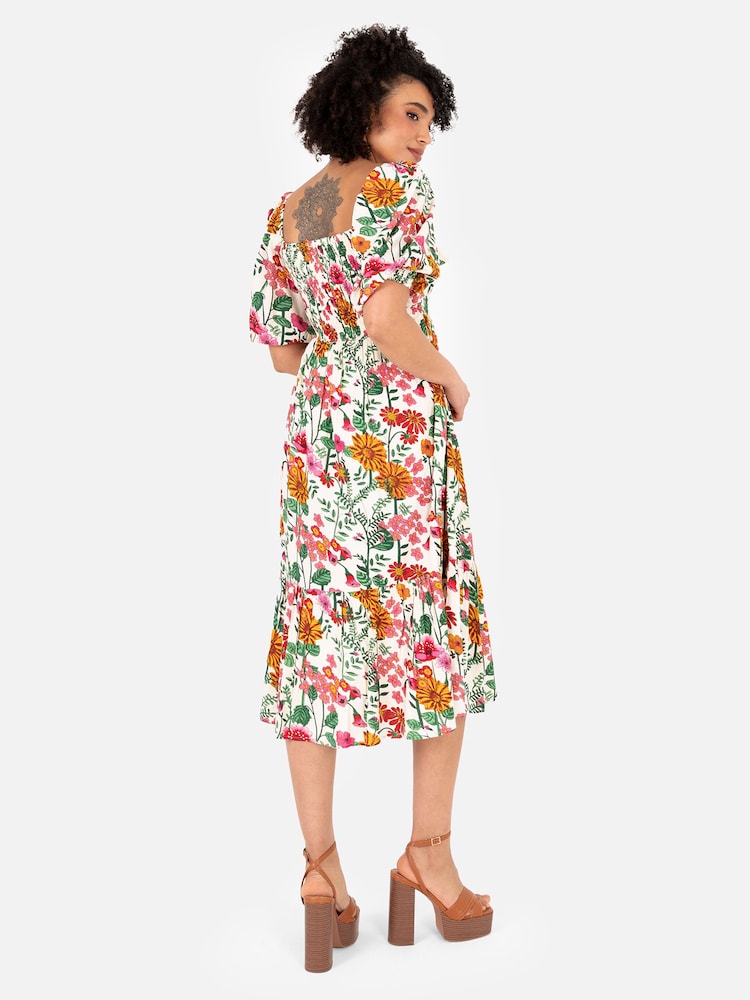 Lovedrobe Midikleid mit gesmoktem Oberteil, eckigem Ausschnitt und Puffärmeln, Cream - Bild 2 von 4