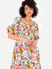 Lovedrobe Midikleid mit gesmoktem Oberteil, eckigem Ausschnitt und Puffärmeln, Cream - Bild 3 von 4