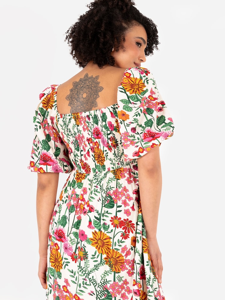 Lovedrobe Cream Smocked Bodice Square Neck Puff Sleeve Midi Dress - Image 4 of 4 Lovedrobe Cream Smocked Bodice Square Neck Puff Sleeve Midi Dress - Image 4 of 4