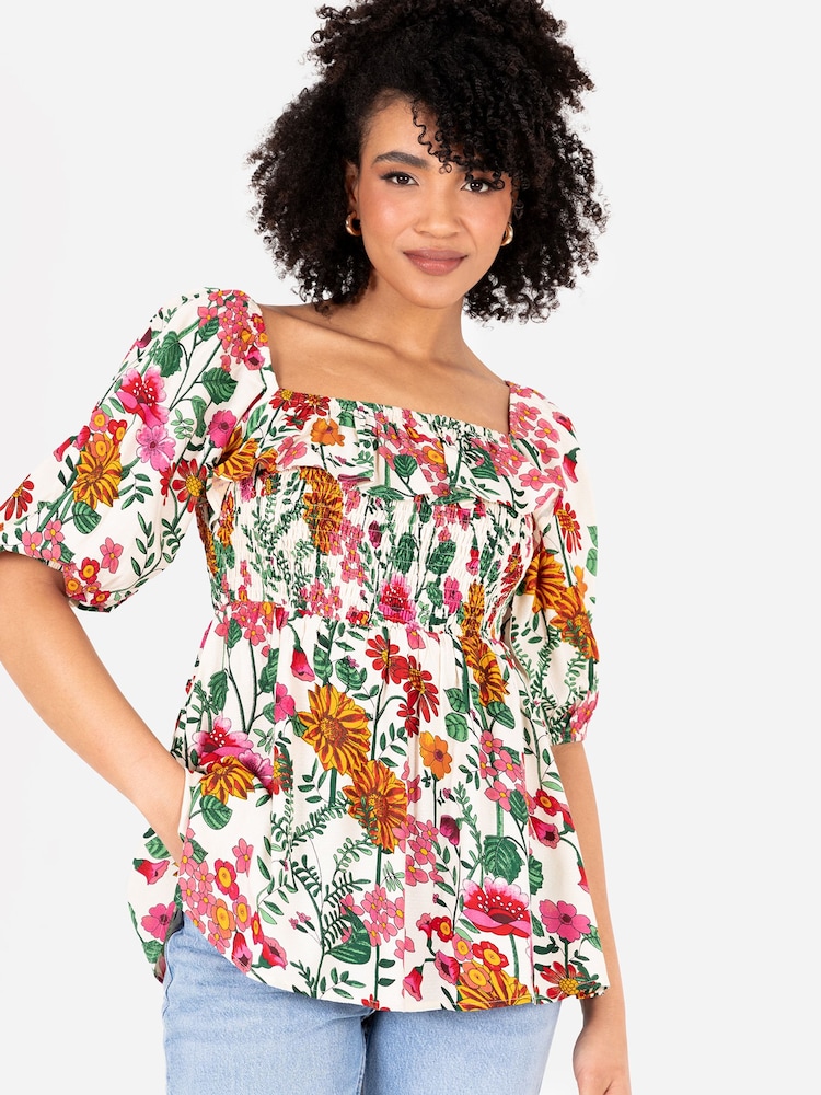 Lovedrobe Cream Smocked Bodice Square Neck Peplum Hem Top With Puff Sleeve - Image 1 of 5 Lovedrobe Cream Smocked Bodice Square Neck Peplum Hem Top With Puff Sleeve - Image 1 of 5
