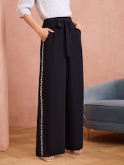 Love & Roses Black Crystal Lightweight Side Trim Wide Leg Trousers - Image 1 of 4