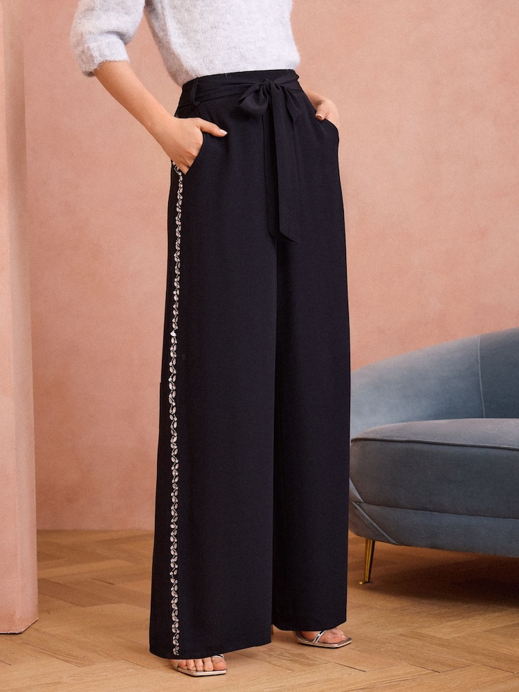 Love & Roses Black Crystal Lightweight Side Trim Wide Leg Trousers - Image 1 of 4
