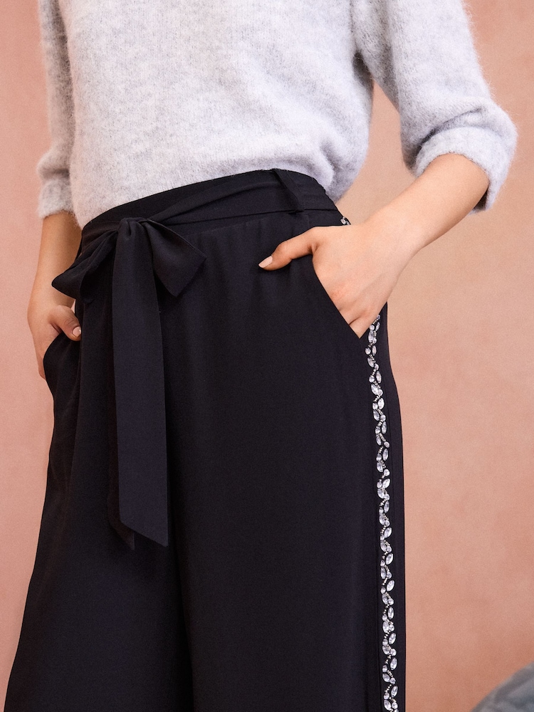 Love & Roses Black Crystal Lightweight Side Trim Wide Leg Trousers - Image 2 of 4 Love & Roses Black Crystal Lightweight Side Trim Wide Leg Trousers - Image 2 of 4