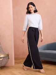 Love & Roses Black Crystal Lightweight Side Trim Wide Leg Trousers - Image 3 of 4
