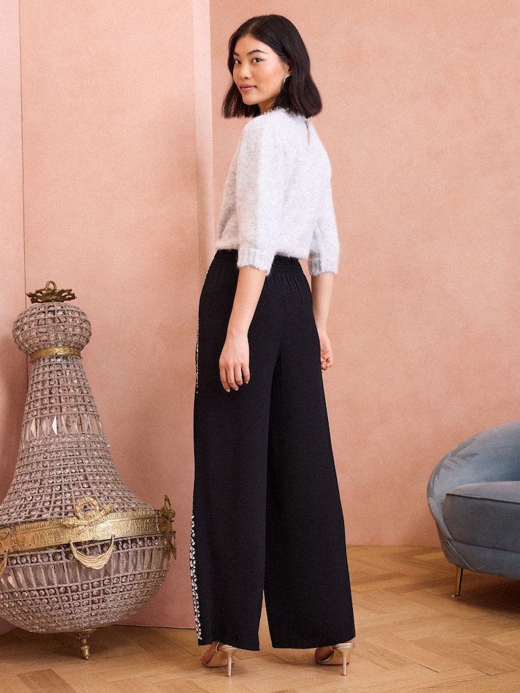 Love & Roses Black Crystal Lightweight Side Trim Wide Leg Trousers - Image 4 of 4 Love & Roses Black Crystal Lightweight Side Trim Wide Leg Trousers - Image 4 of 4