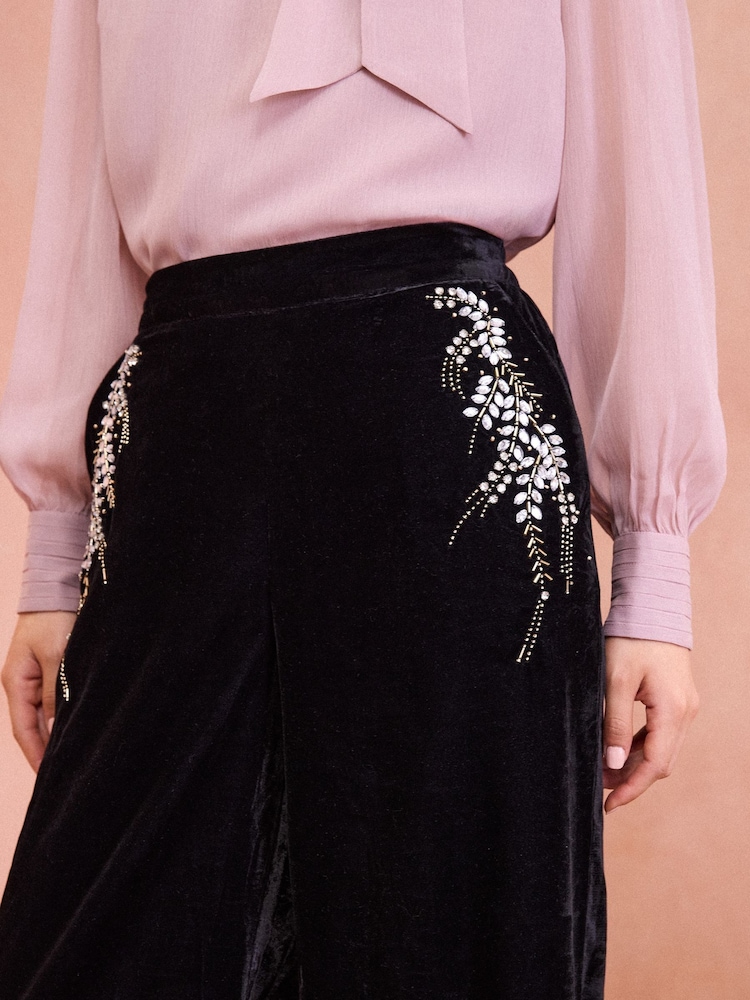 Love & Roses Black Velvet Hand Embellished Wide Leg Trouser - Image 2 of 4