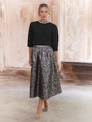 Love & Roses Silver Feather Jacquard Midi Skirt - Image 3 of 4