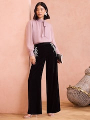 Love & Roses Black Velvet Petite Hand Embellished Wide Leg Trouser - Image 3 of 4