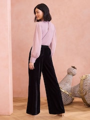 Love & Roses Black Velvet Petite Hand Embellished Wide Leg Trouser - Image 4 of 4
