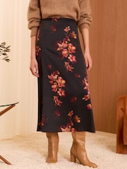 Love & Roses Black Floral Satin Bias Cut Midaxi Skirt - Image 1 of 4