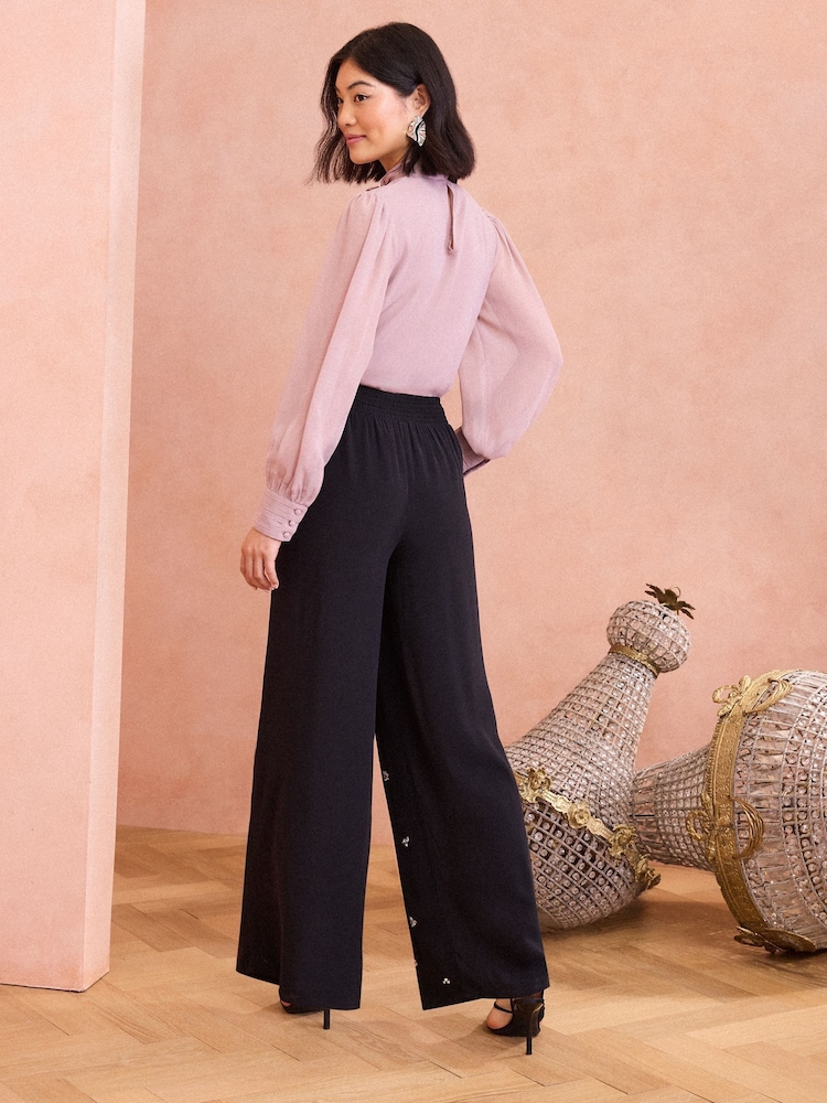 Love & Roses Black Petite Hand Embellished Wide Leg Trouser - Image 4 of 4