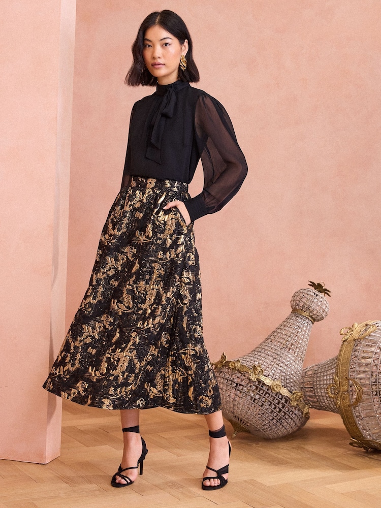 Love & Roses Gold Feather Jacquard Midi Skirt - Image 1 of 4