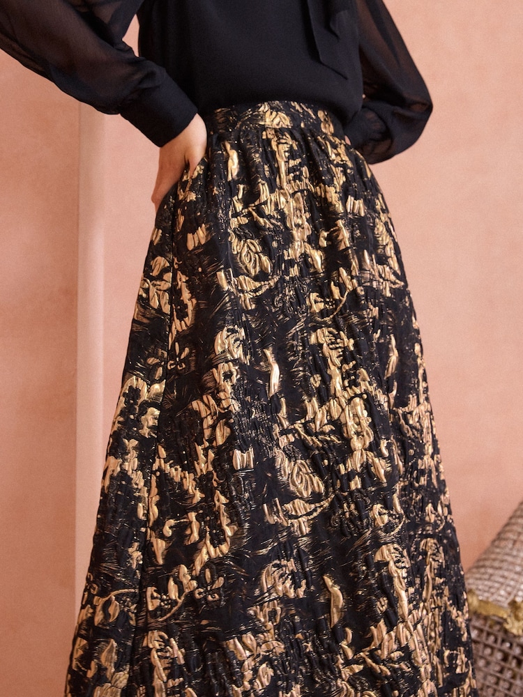 Love & Roses Gold Feather Jacquard Midi Skirt - Image 2 of 4
