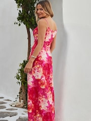 Sosandar Pink Scarf Print Beaded Strap Detail Jersey Maxi Dress - Image 3 of 5