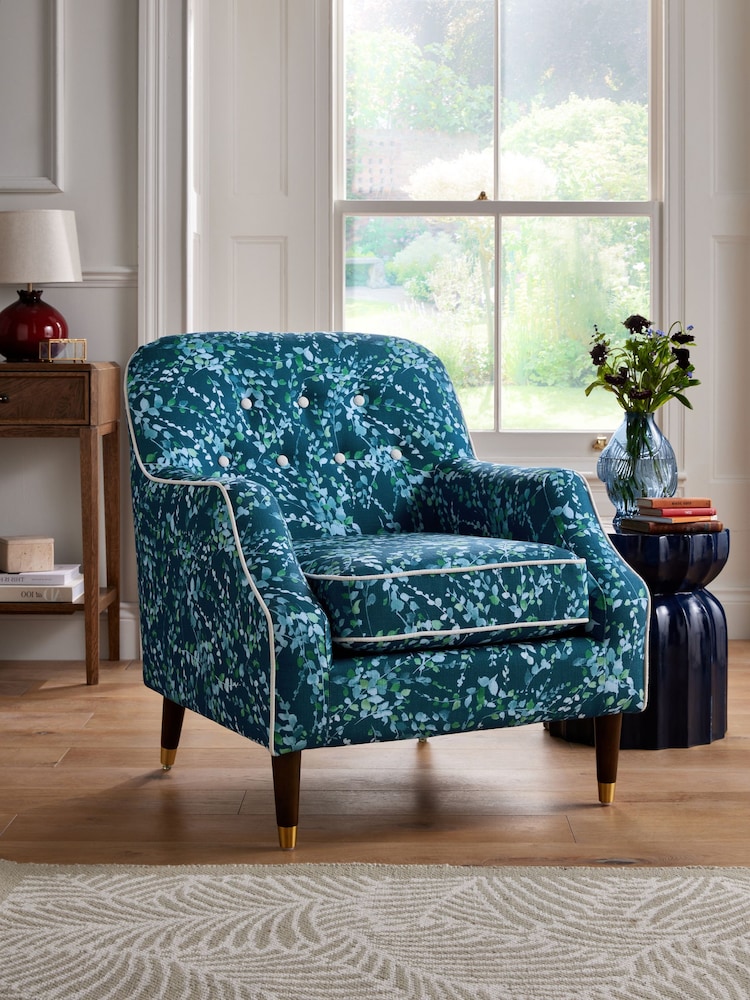Nina Campbell Indigo Blue Midnight Leaves Walton Accent Chair - Image 1 of 8
