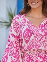 Sosandar Pink Print Tie Neck Dress - Image 5 of 5