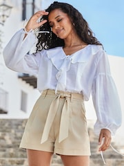 Sosandar Natural Relaxed Fit Belted 100% Cotton Shorts - Image 1 of 5