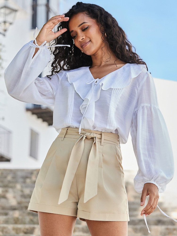 Sosandar Natural Relaxed Fit Belted 100% Cotton Shorts - Image 1 of 5