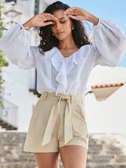 Sosandar Natural Relaxed Fit Belted 100% Cotton Shorts - Image 4 of 5