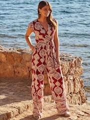 Sosandar Red Baroque Print Wrap Wide Leg Jumpsuit - Image 1 of 5