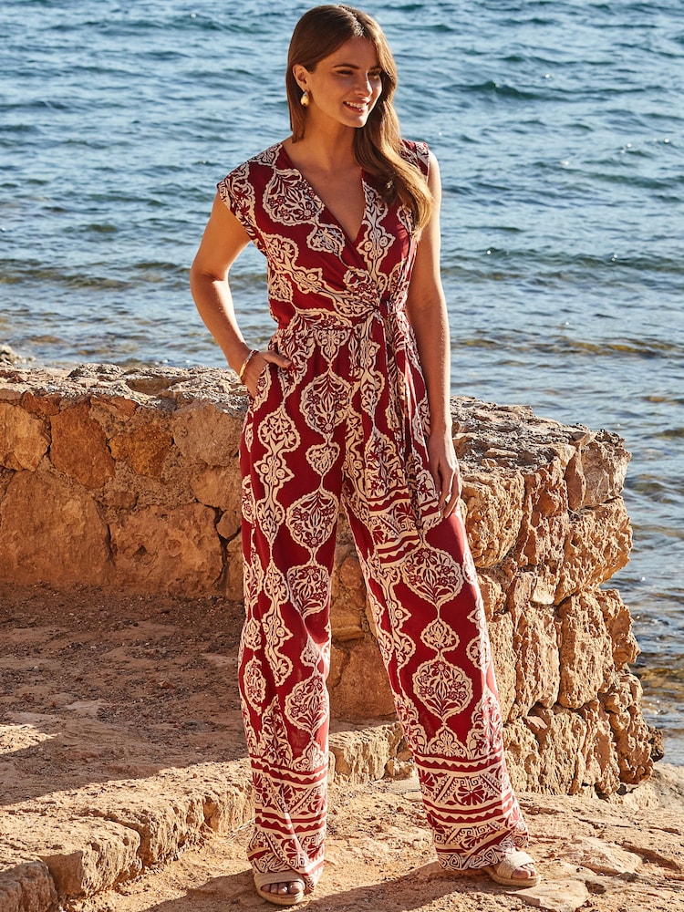 Sosandar Red Baroque Print Wrap Wide Leg Jumpsuit - Image 1 of 5